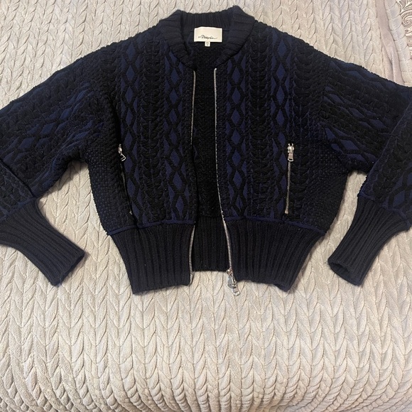 3.1 Phillip Lim Sweaters - 3.1 Phillip Lim Black and Navy Textured Bomber Jacket